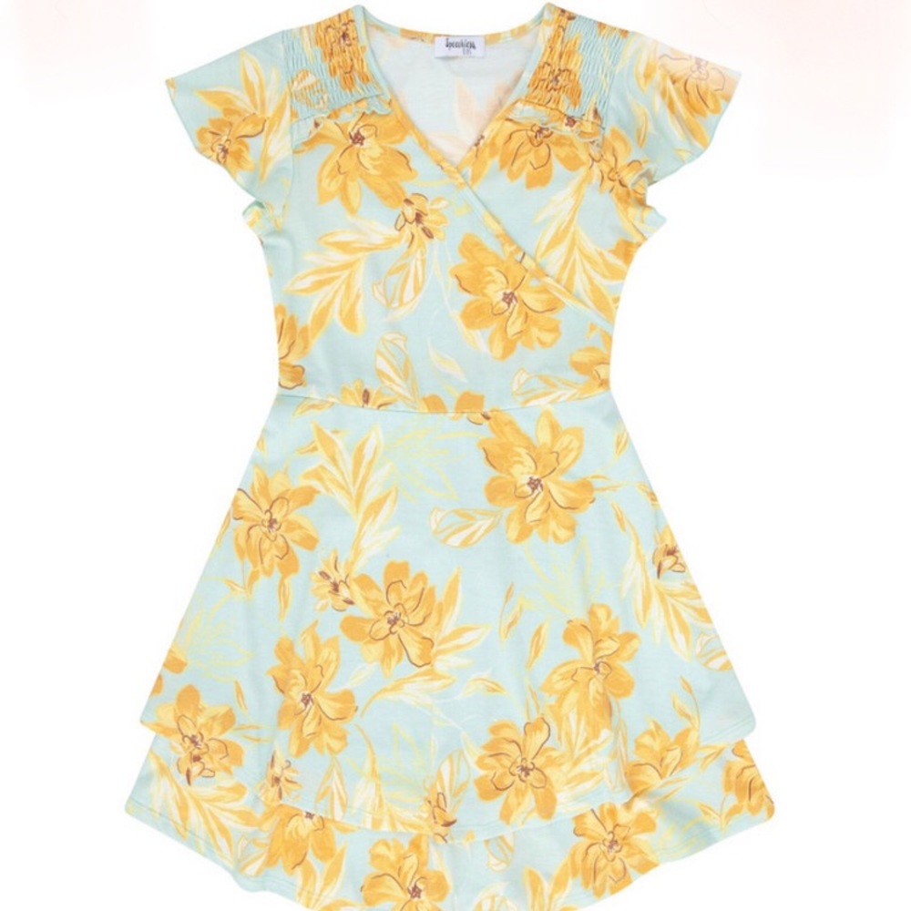 Girls’ Speechless Yellow and Teal Floral Flutter Sleeve Dress - Size 16 - Tween